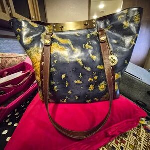 Patricia Nash Navy and Brown Tote with Gold Accents